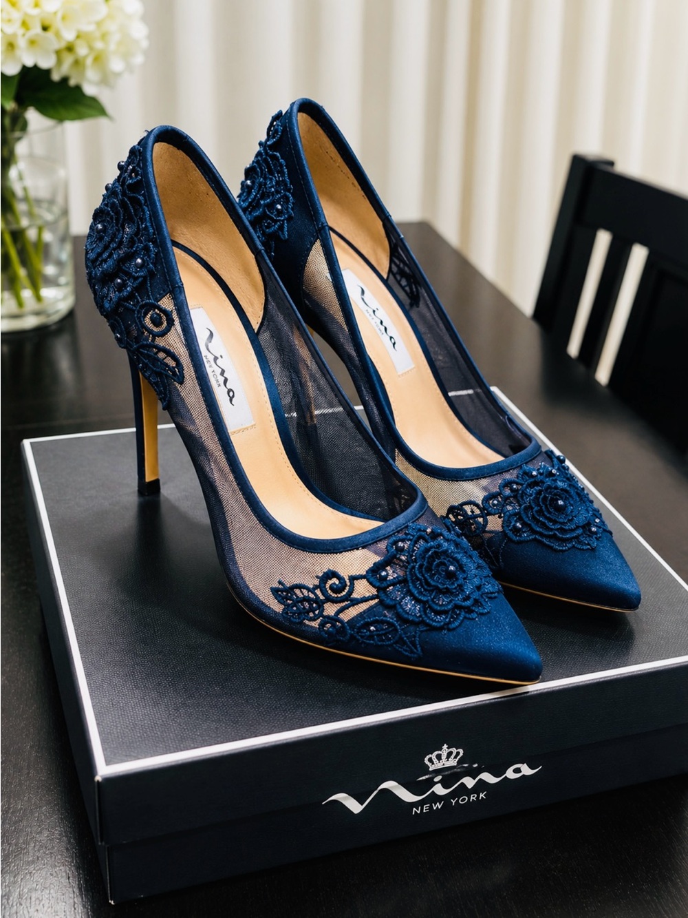 Nina New York Satin Embroided Mesh Heels